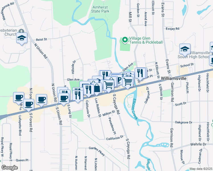 map of restaurants, bars, coffee shops, grocery stores, and more near Unnamed Road in Williamsville