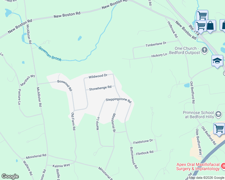 map of restaurants, bars, coffee shops, grocery stores, and more near 68 Ministerial Branch in Bedford