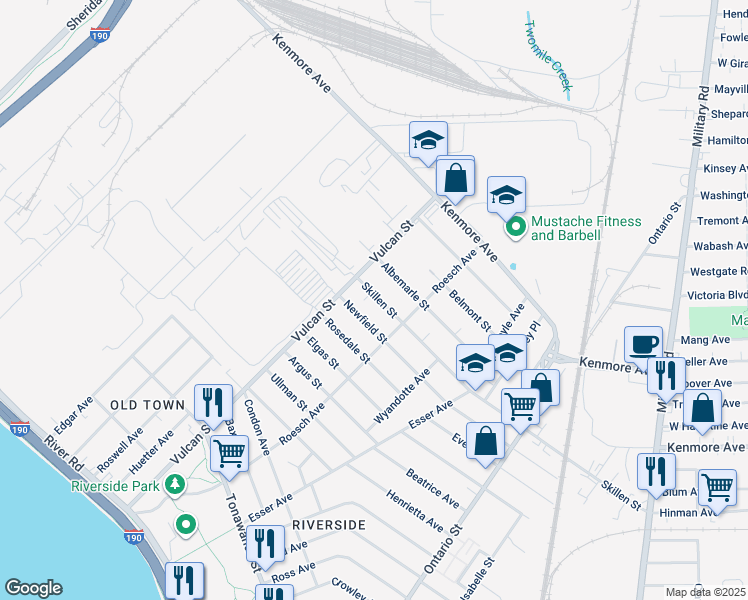 map of restaurants, bars, coffee shops, grocery stores, and more near 418 Skillen Street in Buffalo