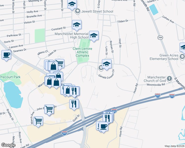map of restaurants, bars, coffee shops, grocery stores, and more near 325 Circle Road in Manchester