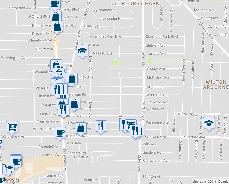 map of restaurants, bars, coffee shops, grocery stores, and more near 196 Wardman Road in Buffalo
