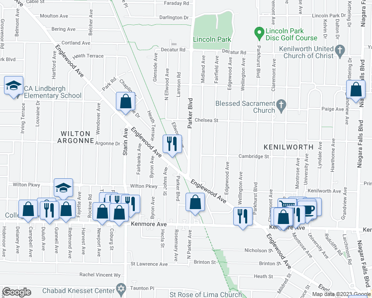 map of restaurants, bars, coffee shops, grocery stores, and more near 29 Ellwood Avenue in Buffalo