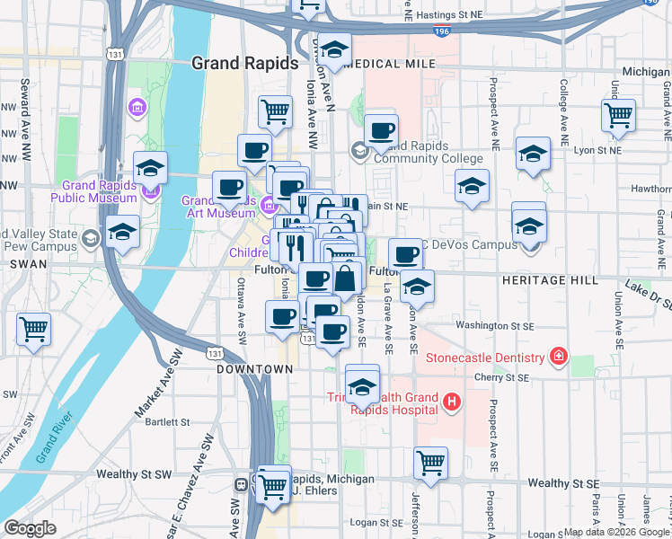 map of restaurants, bars, coffee shops, grocery stores, and more near 2 Fulton Street East in Grand Rapids