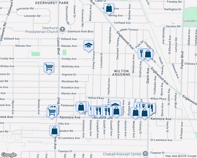 map of restaurants, bars, coffee shops, grocery stores, and more near 156 Louvaine Drive in Buffalo