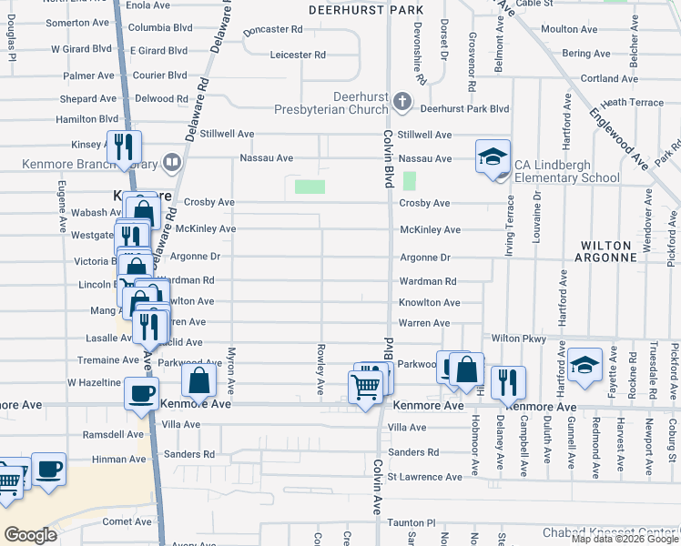 map of restaurants, bars, coffee shops, grocery stores, and more near 232 Wardman Road in Buffalo