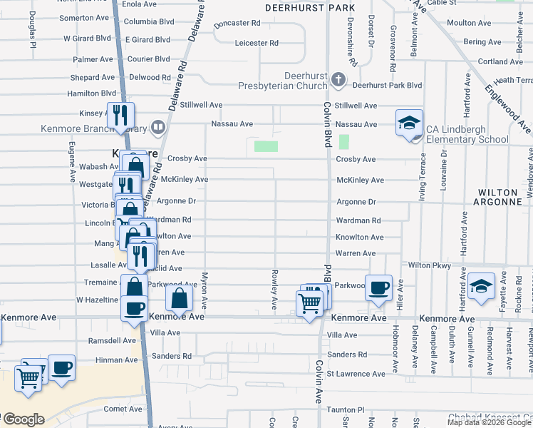 map of restaurants, bars, coffee shops, grocery stores, and more near 196 Wardman Road in Buffalo