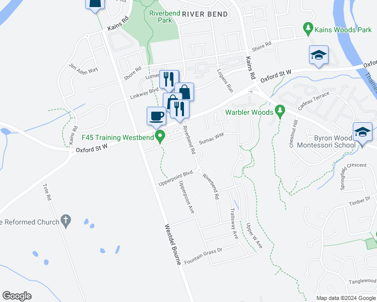 map of restaurants, bars, coffee shops, grocery stores, and more near 1170 Riverbend Road in London