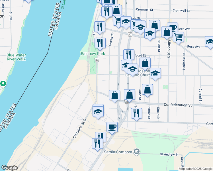 map of restaurants, bars, coffee shops, grocery stores, and more near 320 Christina Street South in Sarnia