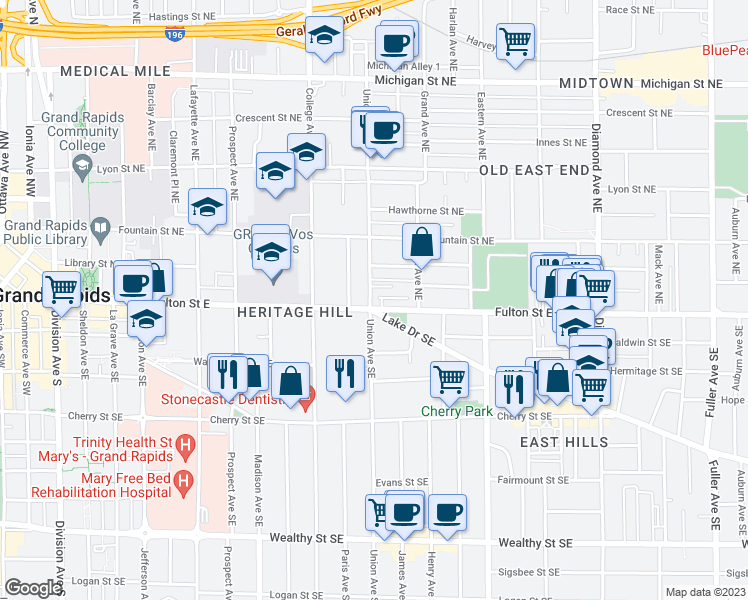 map of restaurants, bars, coffee shops, grocery stores, and more near 557 Fulton Street East in Grand Rapids