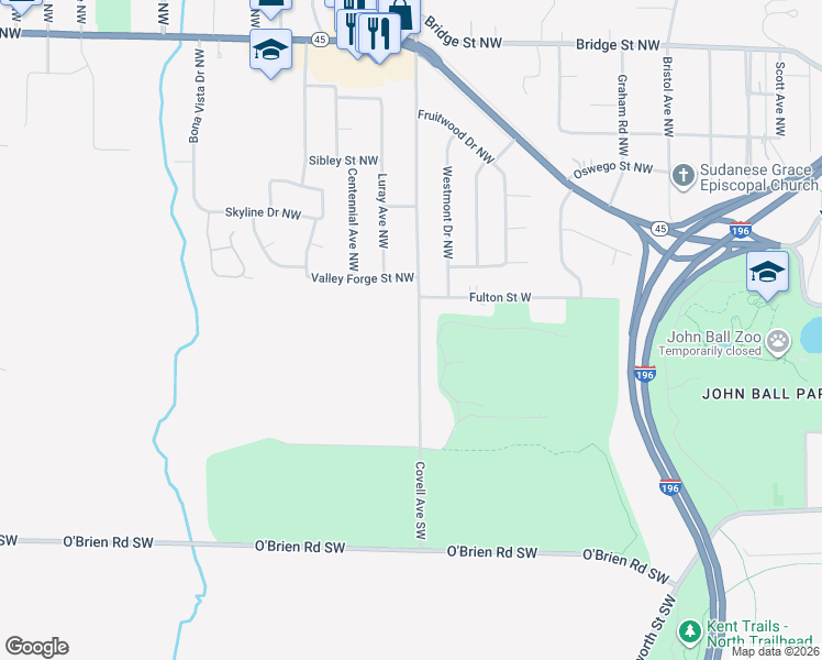 map of restaurants, bars, coffee shops, grocery stores, and more near 1-117 Covell Avenue Southwest in Walker