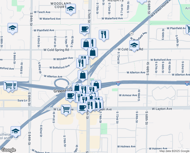 map of restaurants, bars, coffee shops, grocery stores, and more near 4578 South Green Ridge Circle in Greenfield