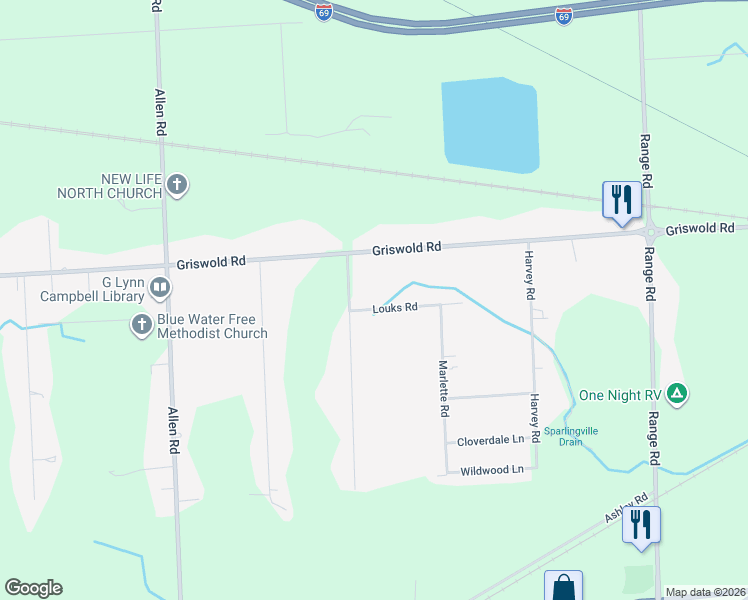 map of restaurants, bars, coffee shops, grocery stores, and more near 4782 Louks Road in Smiths Creek