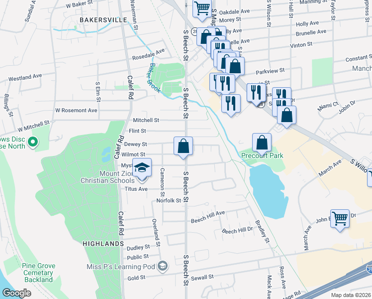 map of restaurants, bars, coffee shops, grocery stores, and more near 555 South Beech Street in Manchester