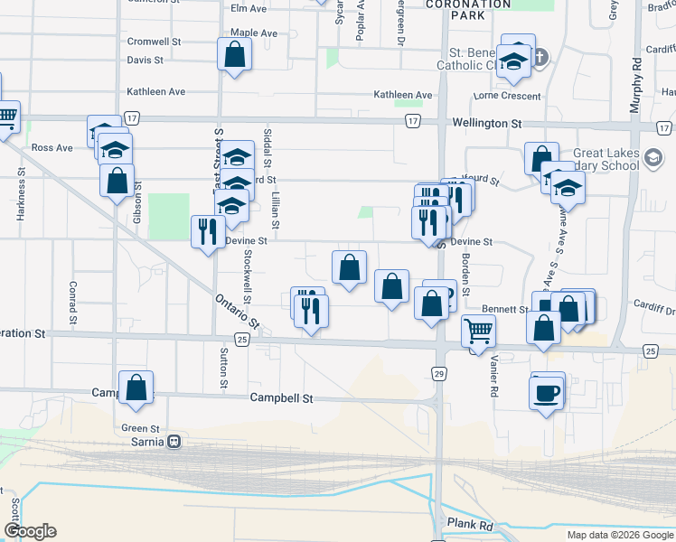 map of restaurants, bars, coffee shops, grocery stores, and more near 817 Devine Street in Sarnia