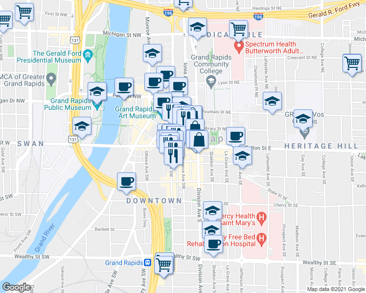 map of restaurants, bars, coffee shops, grocery stores, and more near Fulton St W & Commerce Ave SW in Grand Rapids