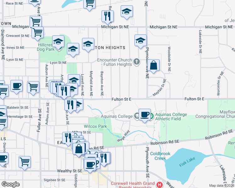 map of restaurants, bars, coffee shops, grocery stores, and more near 9 Wallinwood Avenue Northeast in Grand Rapids