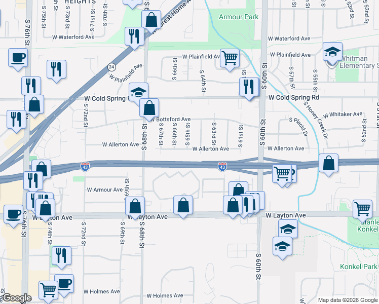 map of restaurants, bars, coffee shops, grocery stores, and more near 6429 West Allerton Avenue in Greenfield