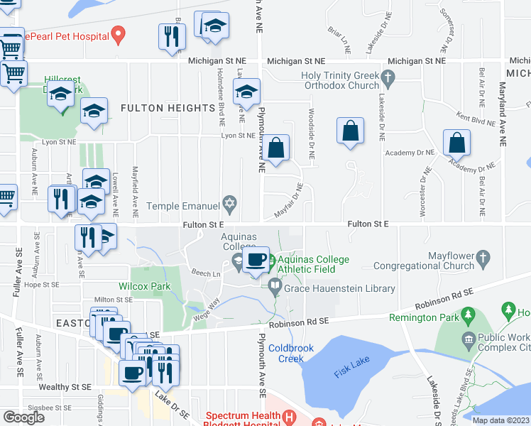 map of restaurants, bars, coffee shops, grocery stores, and more near 12 Plymouth Avenue Northeast in Grand Rapids