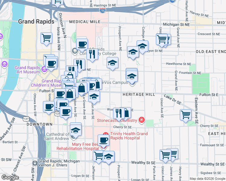 map of restaurants, bars, coffee shops, grocery stores, and more near in Grand Rapids