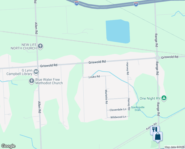 map of restaurants, bars, coffee shops, grocery stores, and more near 4782 Louks Road in Smiths Creek