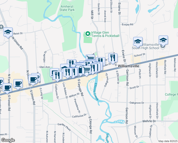 map of restaurants, bars, coffee shops, grocery stores, and more near 5570 Main Street in Williamsville