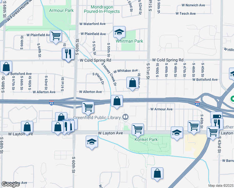 map of restaurants, bars, coffee shops, grocery stores, and more near 5417 West Allerton Avenue in Greenfield