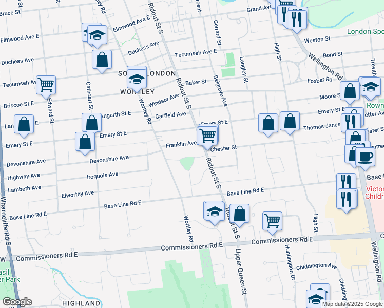 map of restaurants, bars, coffee shops, grocery stores, and more near 30 Rosel Crescent in London