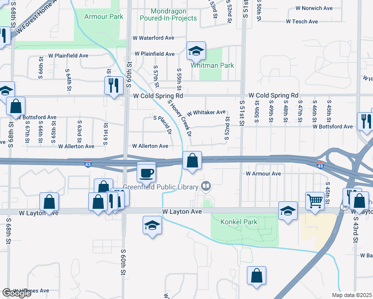 map of restaurants, bars, coffee shops, grocery stores, and more near 5417 West Allerton Avenue in Greenfield