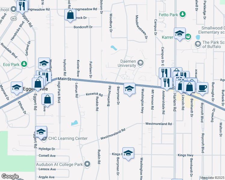 map of restaurants, bars, coffee shops, grocery stores, and more near 35 Brantwood Road in Snyder