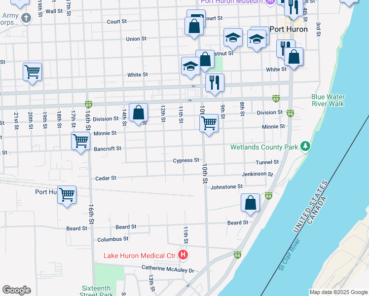 map of restaurants, bars, coffee shops, grocery stores, and more near 2014 11th Street in Port Huron