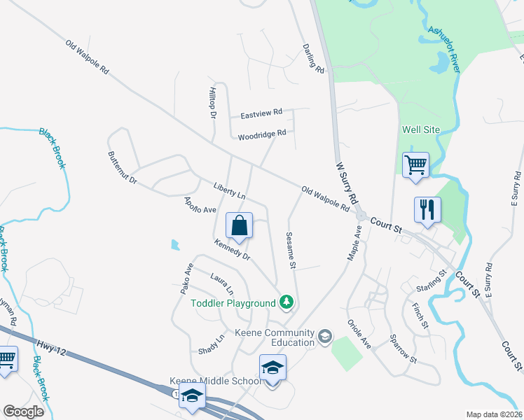 map of restaurants, bars, coffee shops, grocery stores, and more near 30 Gemini Drive in Keene