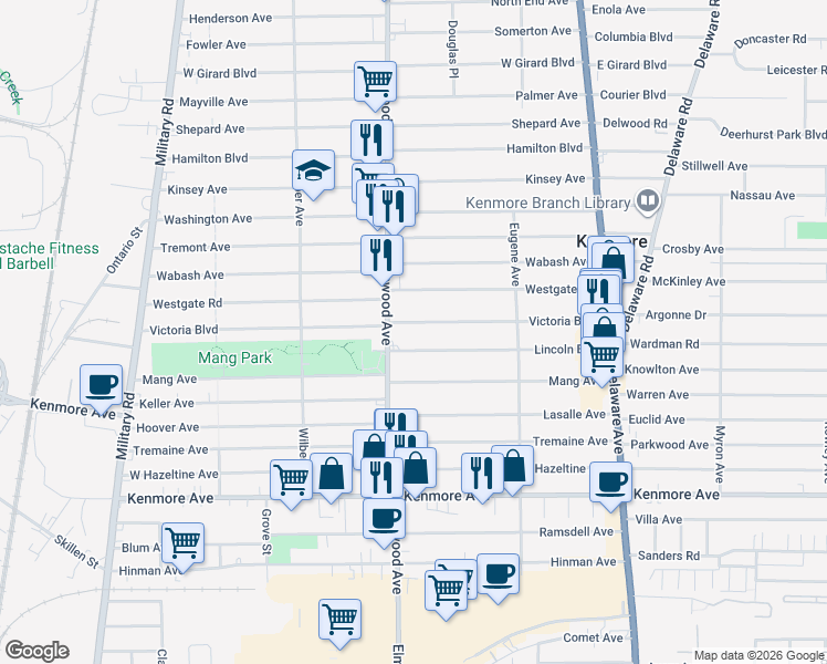 map of restaurants, bars, coffee shops, grocery stores, and more near 197 Lincoln Boulevard in Buffalo