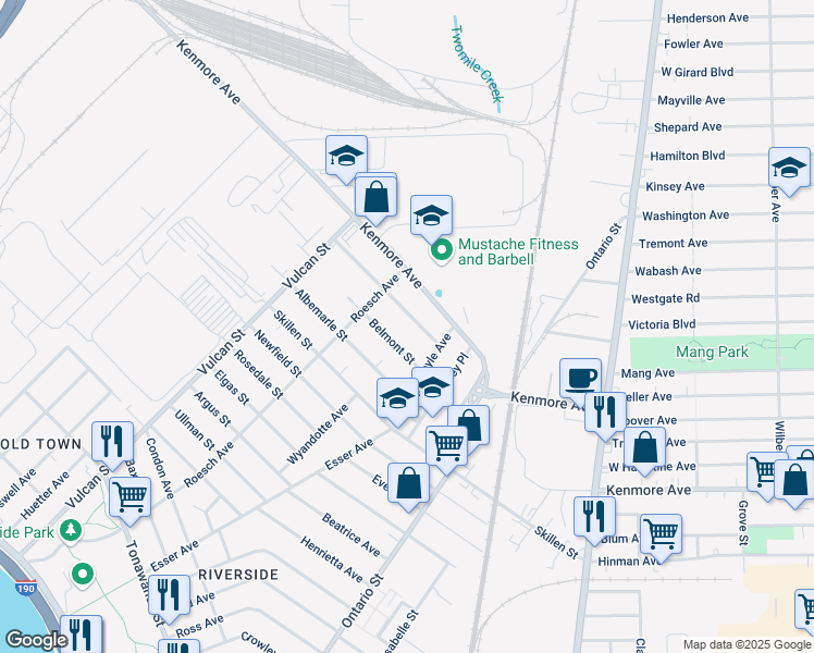 map of restaurants, bars, coffee shops, grocery stores, and more near 41 Belmont Street in Buffalo
