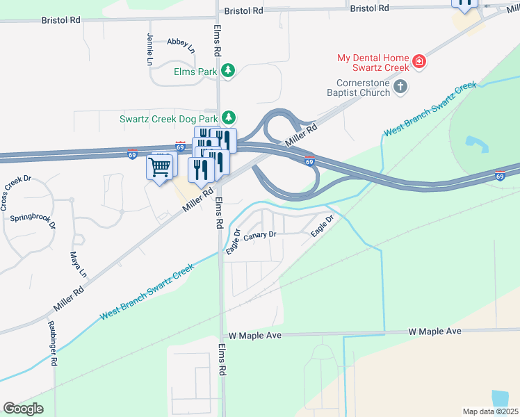 map of restaurants, bars, coffee shops, grocery stores, and more near 34-118 Eagle Drive in Swartz Creek