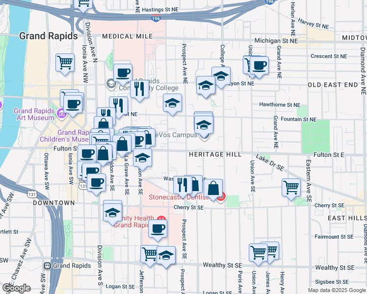 map of restaurants, bars, coffee shops, grocery stores, and more near 326 Fulton Street East in Grand Rapids