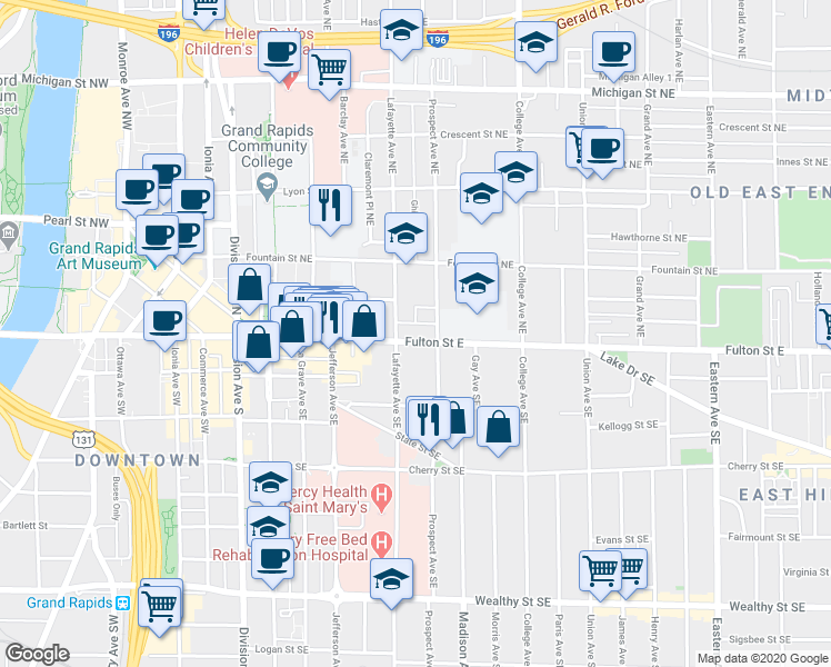 map of restaurants, bars, coffee shops, grocery stores, and more near 326 Fulton Street East in Grand Rapids