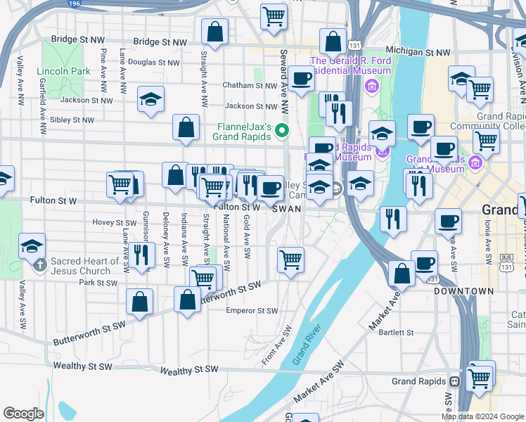 map of restaurants, bars, coffee shops, grocery stores, and more near 18 Gold Avenue Southwest in Grand Rapids