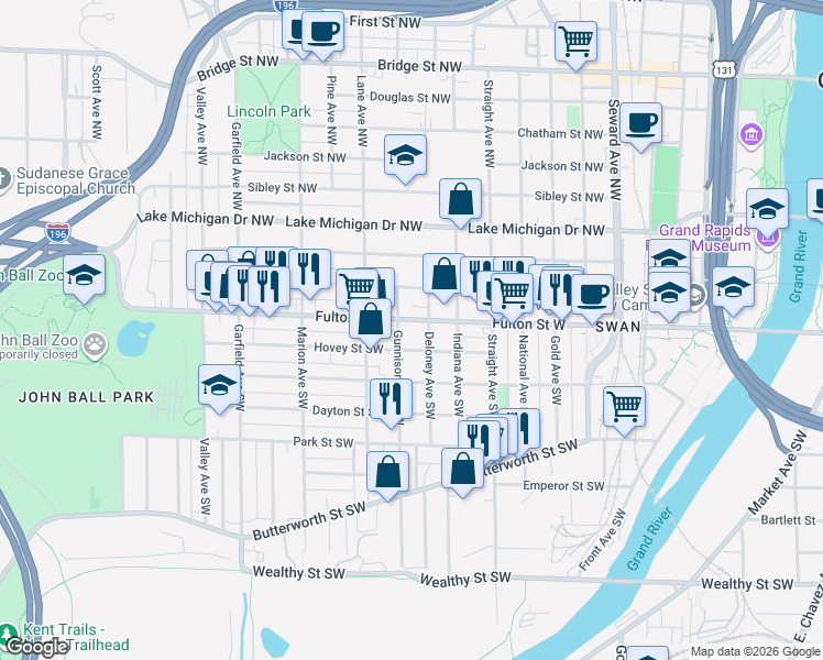 map of restaurants, bars, coffee shops, grocery stores, and more near 913 Hovey Street Southwest in Grand Rapids