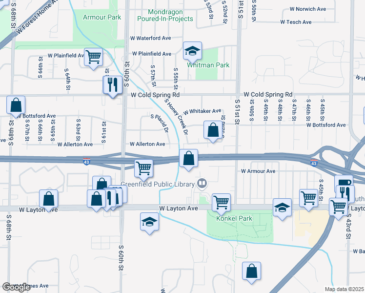 map of restaurants, bars, coffee shops, grocery stores, and more near 5417 West Allerton Avenue in Greenfield