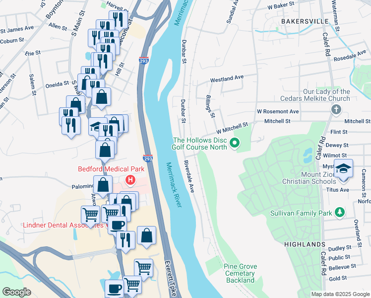 map of restaurants, bars, coffee shops, grocery stores, and more near 421 Riverdale Avenue in Manchester