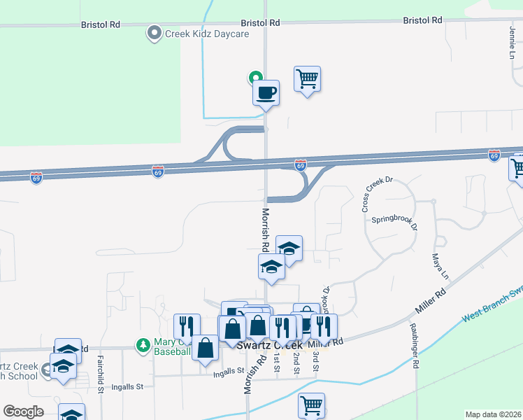 map of restaurants, bars, coffee shops, grocery stores, and more near 4393-4395 Morrish Road in Swartz Creek