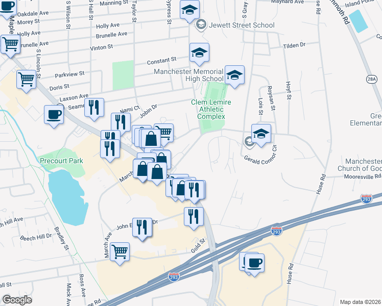 map of restaurants, bars, coffee shops, grocery stores, and more near 99 Weston Road in Manchester