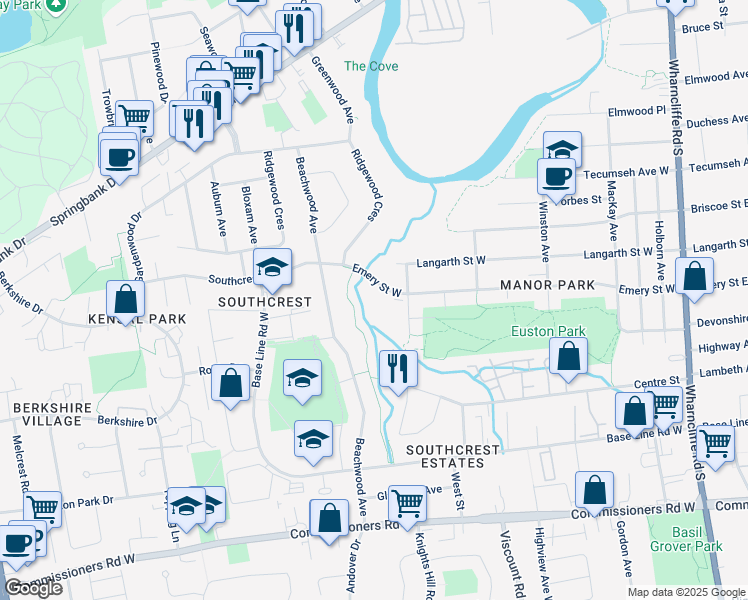 map of restaurants, bars, coffee shops, grocery stores, and more near 175 Emery Street West in London