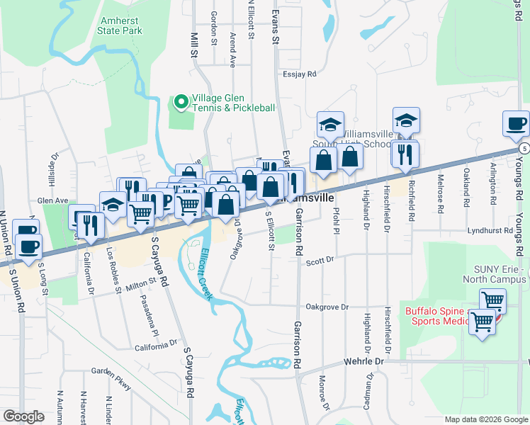map of restaurants, bars, coffee shops, grocery stores, and more near 26 South Ellicott Street in Buffalo