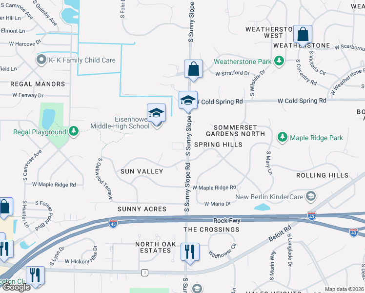 map of restaurants, bars, coffee shops, grocery stores, and more near 4461 South Sunny Slope Road in New Berlin