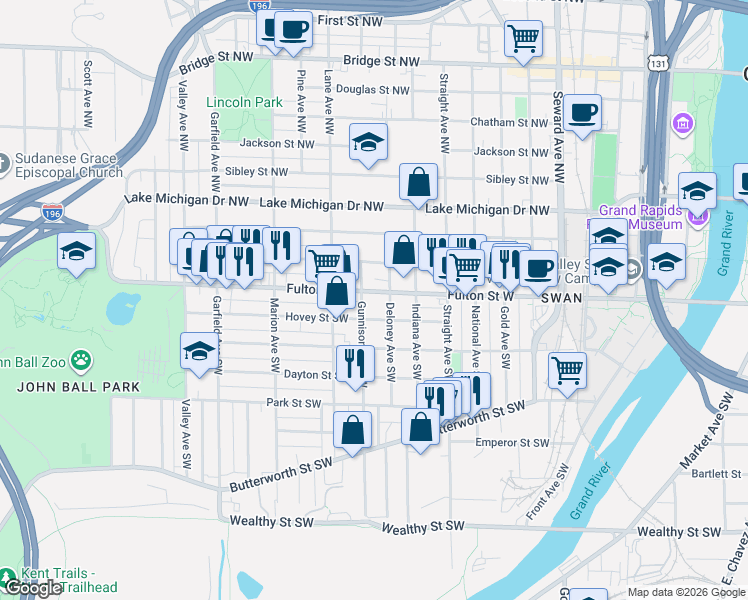 map of restaurants, bars, coffee shops, grocery stores, and more near 913 Hovey Street Southwest in Grand Rapids