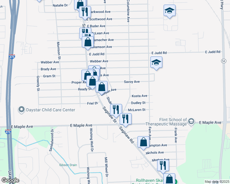 map of restaurants, bars, coffee shops, grocery stores, and more near 2134 Jolson Avenue in Burton