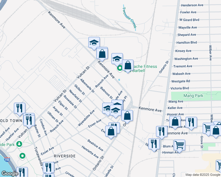 map of restaurants, bars, coffee shops, grocery stores, and more near 41 Belmont Street in Buffalo