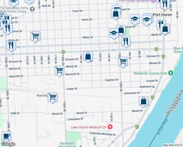map of restaurants, bars, coffee shops, grocery stores, and more near 1300 Bancroft St in Port Huron