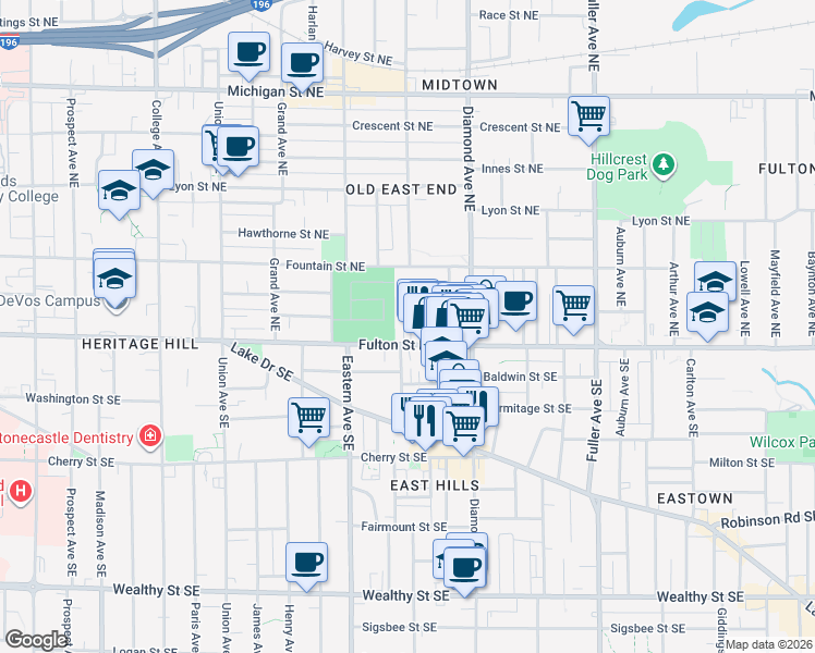 map of restaurants, bars, coffee shops, grocery stores, and more near 18 Batavia Place Northeast in Grand Rapids